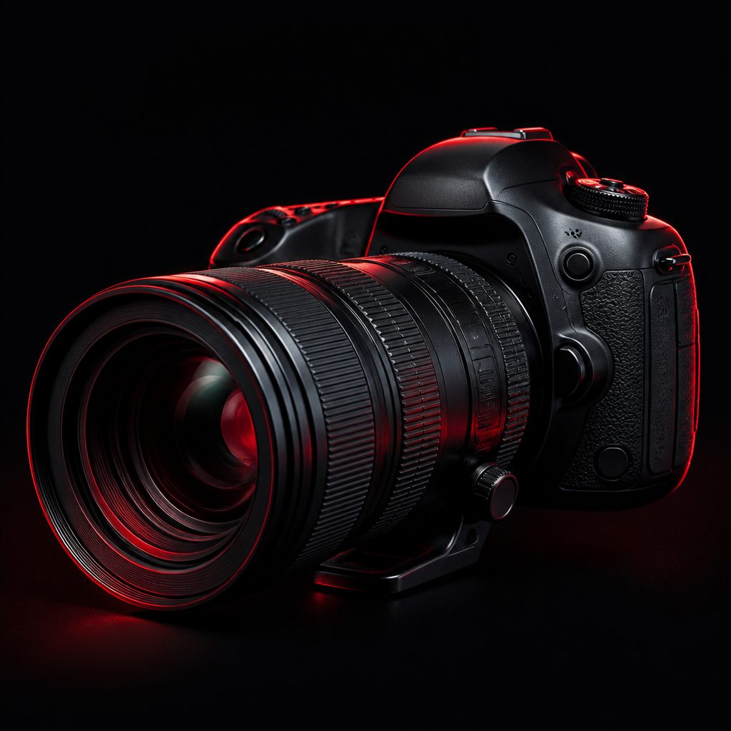 Telefoto lensli profesyonel fotoğraf makinesinin koyu zeminde kırmızı ışıklı görseli